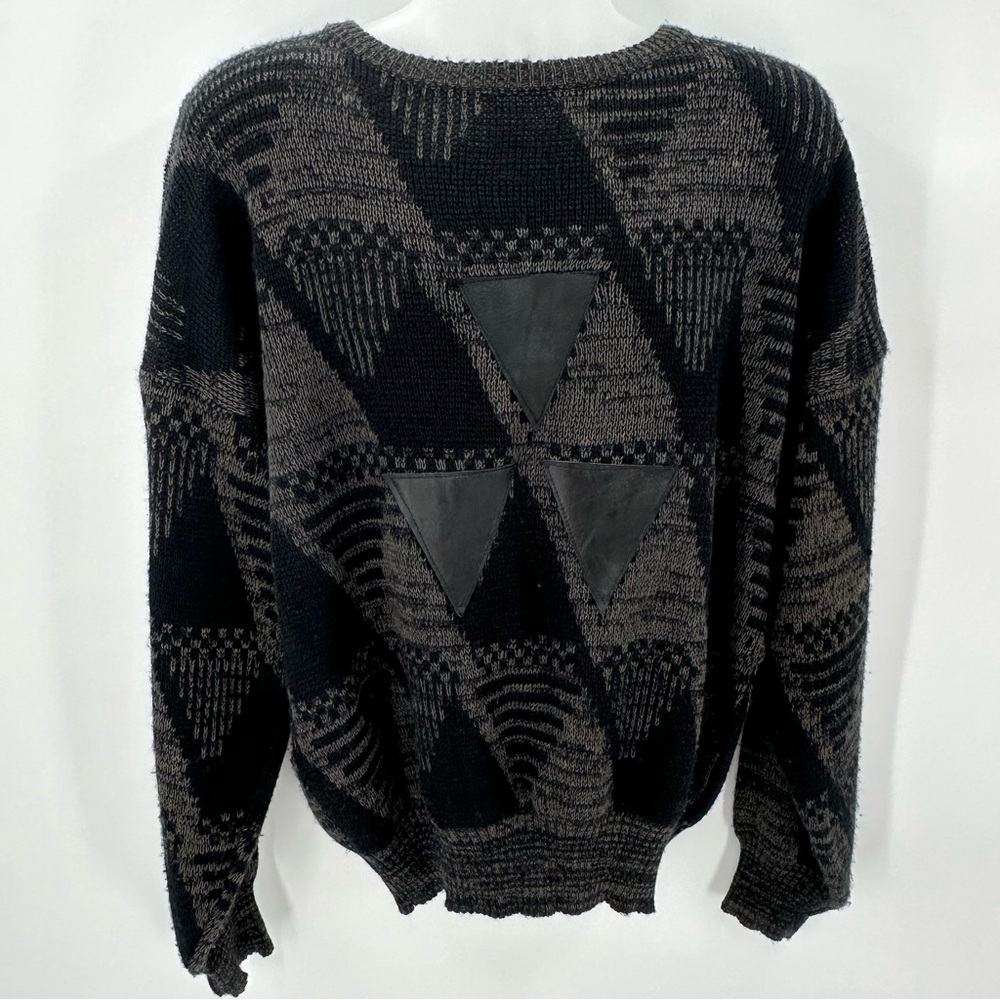 VTG Sweater Mens XL Black Triangle Leather Patches Knit 80s 90s Cosby READ